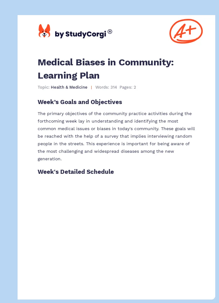 Medical Biases in Community: Learning Plan. Page 1