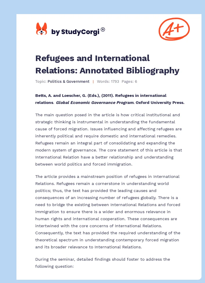 Refugees and International Relations: Annotated Bibliography. Page 1