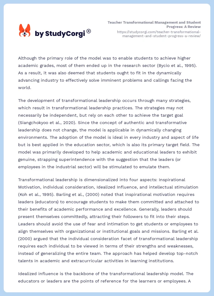 Teacher Transformational Management and Student Progress: A Review. Page 2