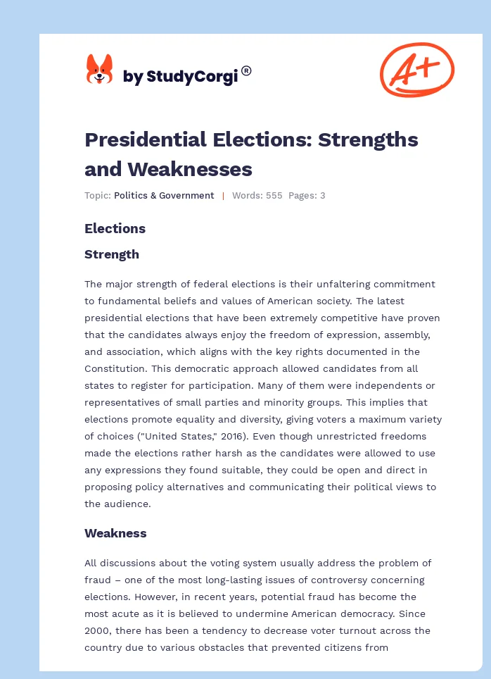 Presidential Elections: Strengths and Weaknesses. Page 1