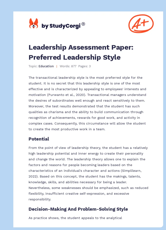 Leadership Assessment Paper: Preferred Leadership Style. Page 1