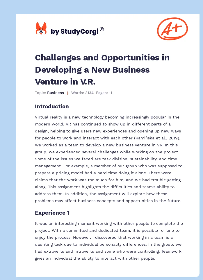Challenges and Opportunities in Developing a New Business Venture in V.R.. Page 1