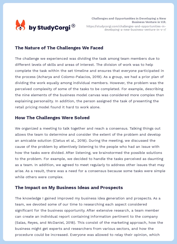 Challenges and Opportunities in Developing a New Business Venture in V.R.. Page 2