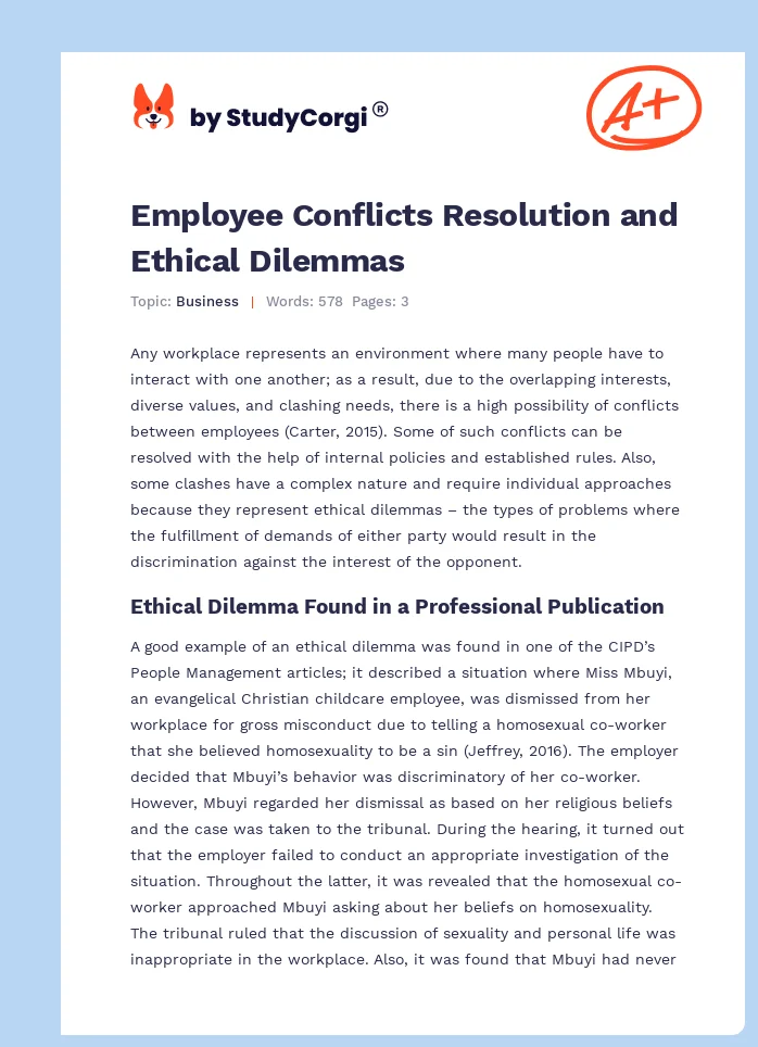 Employee Conflicts Resolution and Ethical Dilemmas. Page 1