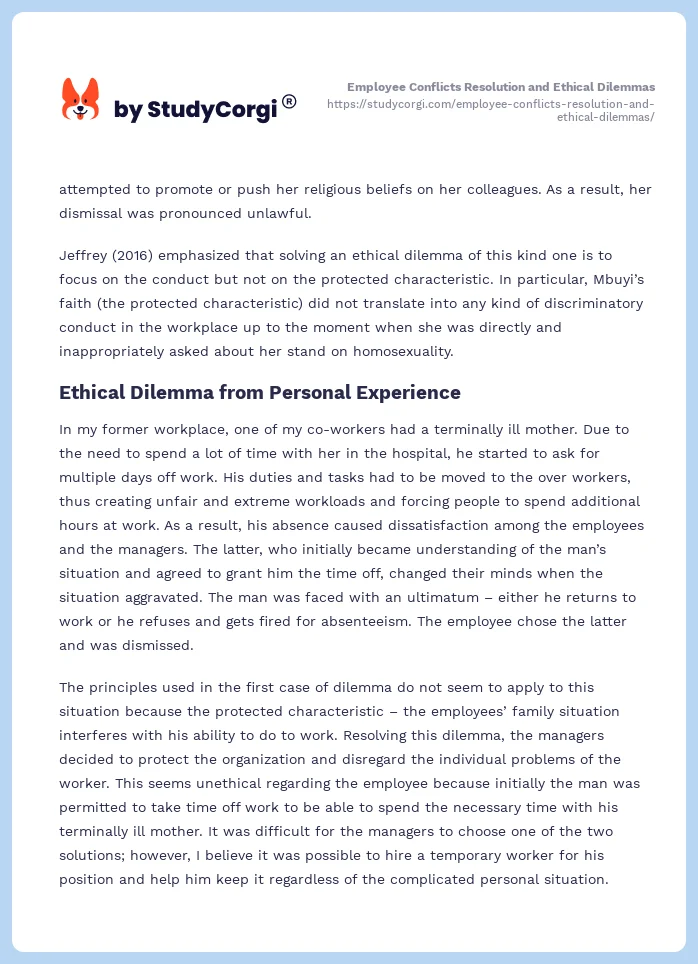Employee Conflicts Resolution and Ethical Dilemmas. Page 2