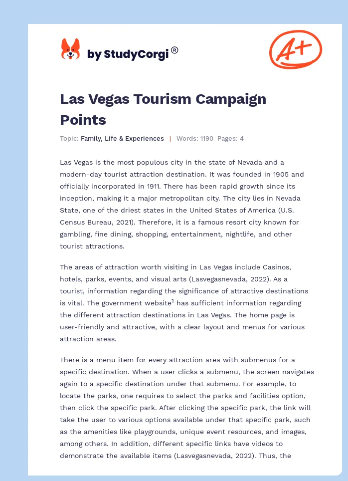 Las Vegas Tourism Campaign Points. Page 1