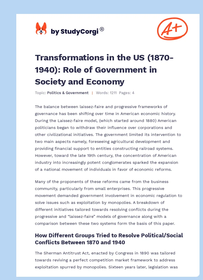 Transformations in the US (1870-1940): Role of Government in Society and Economy. Page 1