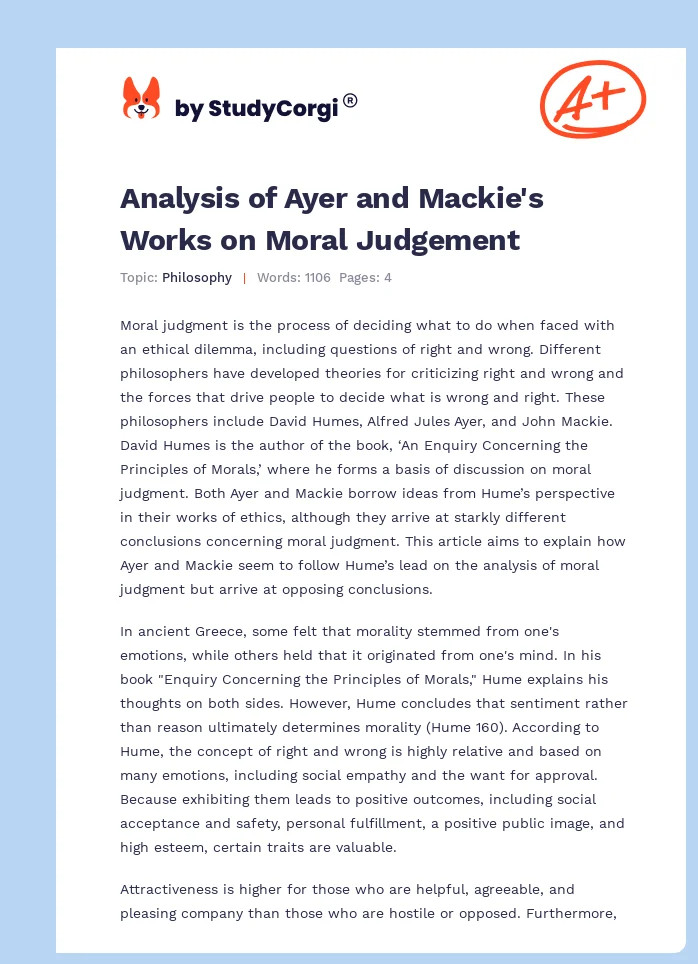 Analysis of Ayer and Mackie's Works on Moral Judgement. Page 1