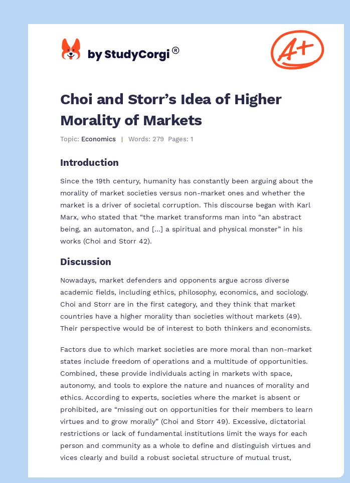 Choi and Storr’s Idea of Higher Morality of Markets. Page 1