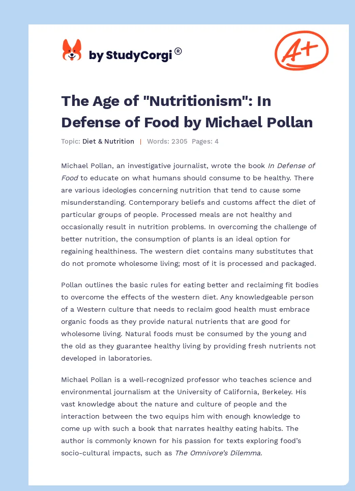 The Age of "Nutritionism": In Defense of Food by Michael Pollan. Page 1