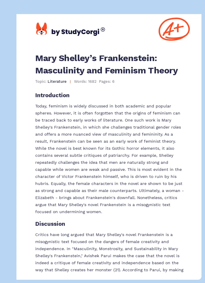 Mary Shelley’s Frankenstein: Masculinity and Feminism Theory. Page 1