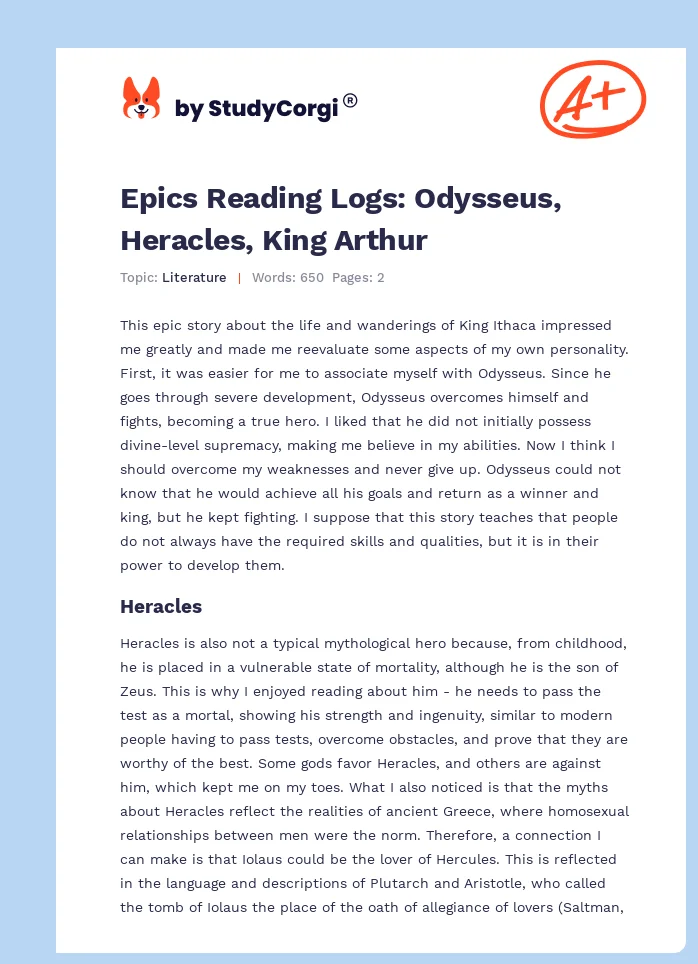 Epics Reading Logs: Odysseus, Heracles, King Arthur. Page 1