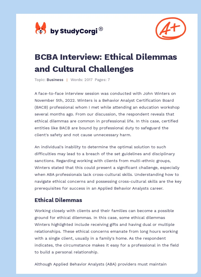 BCBA Interview: Ethical Dilemmas and Cultural Challenges. Page 1