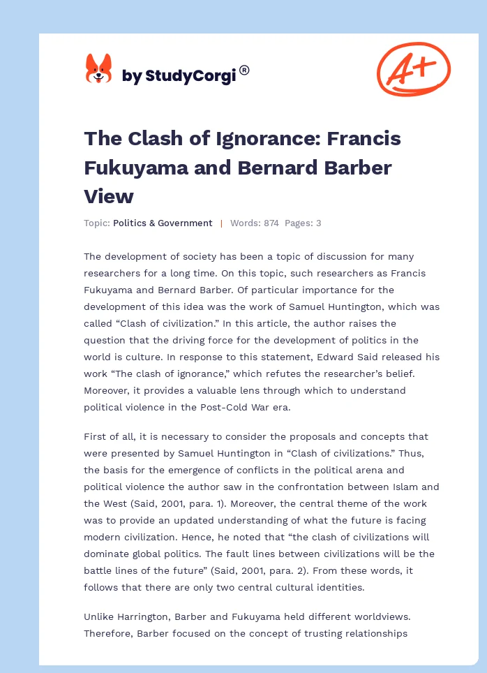 The Clash of Ignorance: Francis Fukuyama and Bernard Barber View. Page 1
