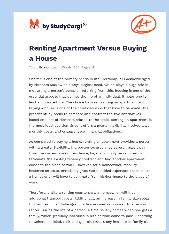 Renting Apartment Versus Buying a House. Page 1