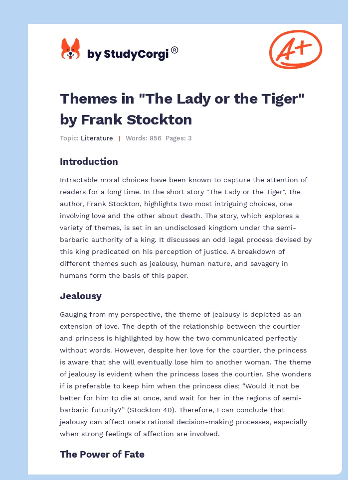 Themes in "The Lady or the Tiger" by Frank Stockton. Page 1