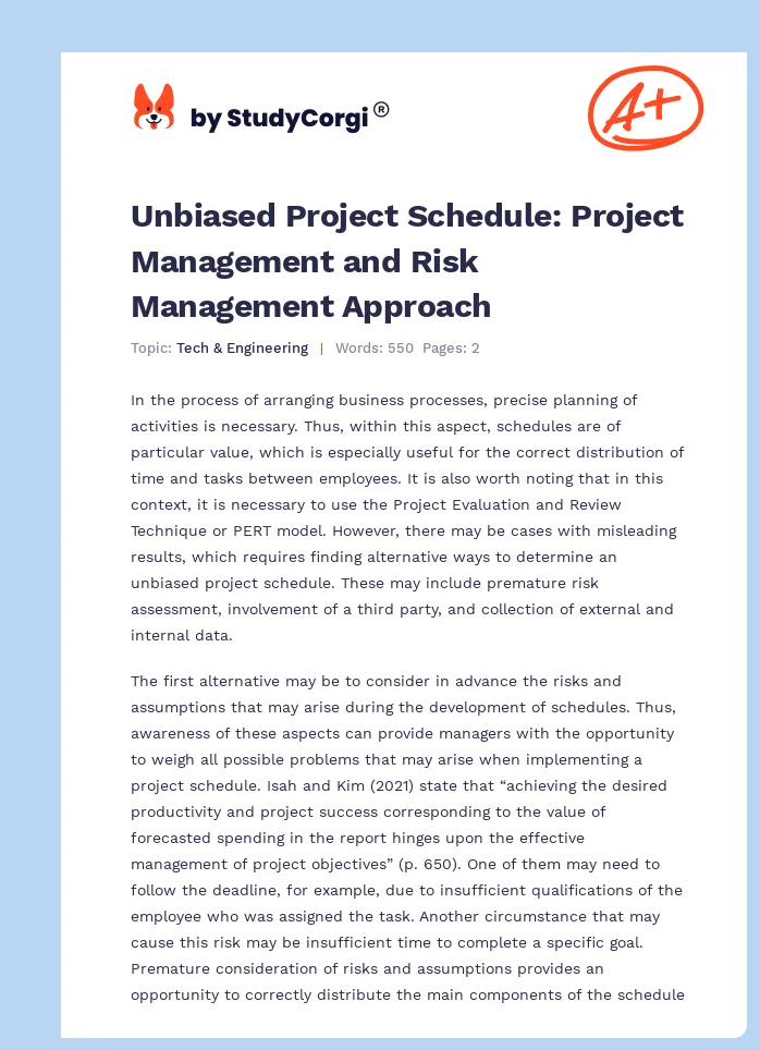 Unbiased Project Schedule: Project Management and Risk Management Approach. Page 1