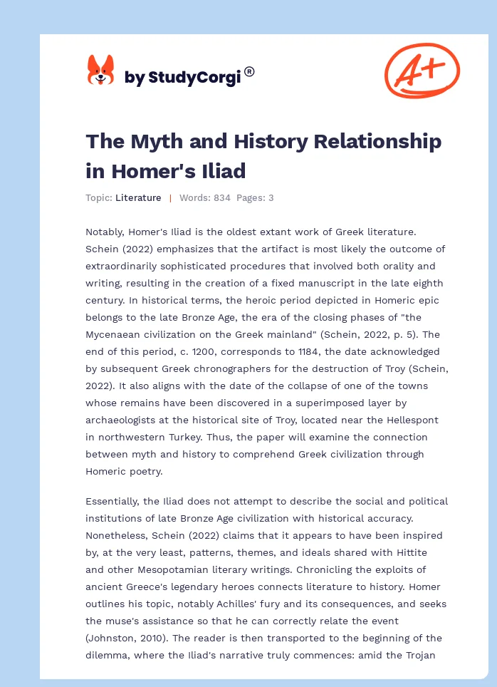 The Myth and History Relationship in Homer's Iliad. Page 1