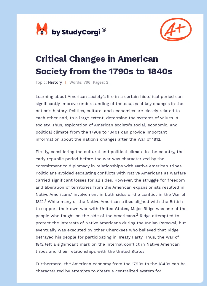 Critical Changes in American Society from the 1790s to 1840s. Page 1