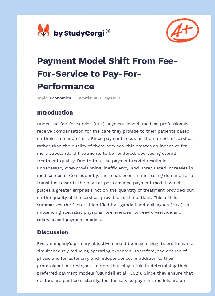 Payment Model Shift From Fee-For-Service to Pay-For-Performance. Page 1