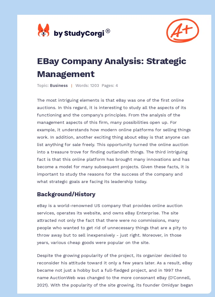 EBay Company Analysis: Strategic Management. Page 1