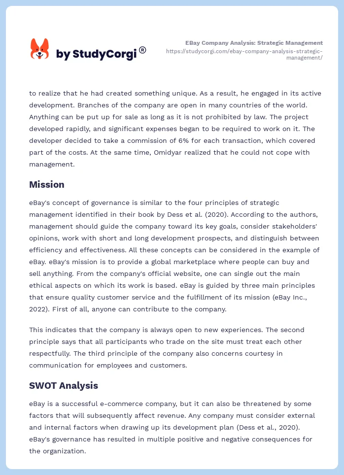 EBay Company Analysis: Strategic Management. Page 2