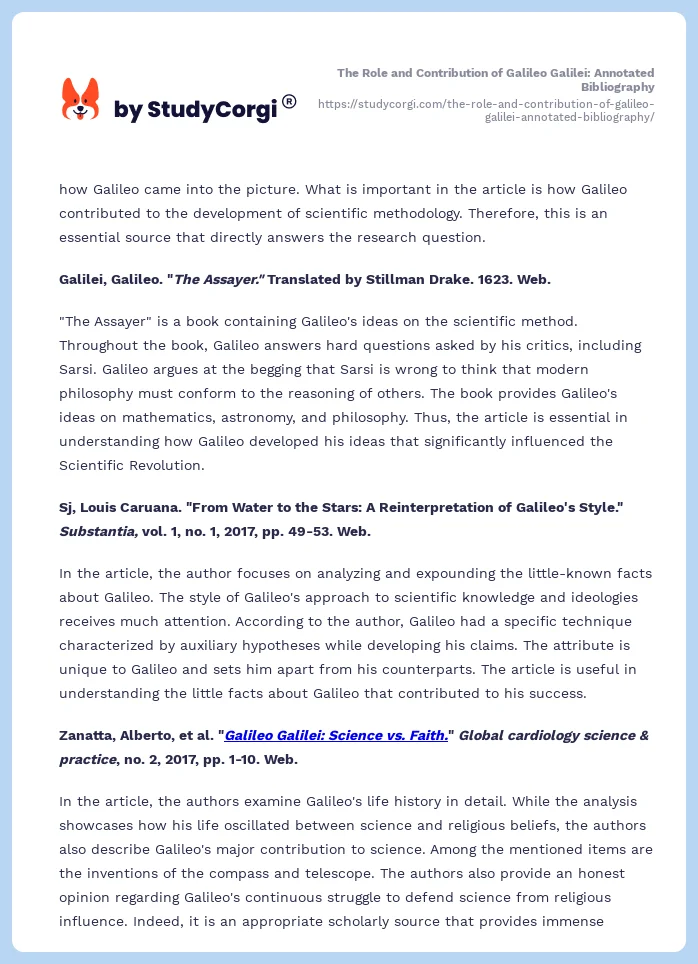 The Role and Contribution of Galileo Galilei: Annotated Bibliography. Page 2
