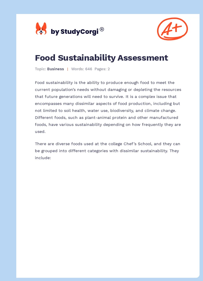 Food Sustainability Assessment. Page 1