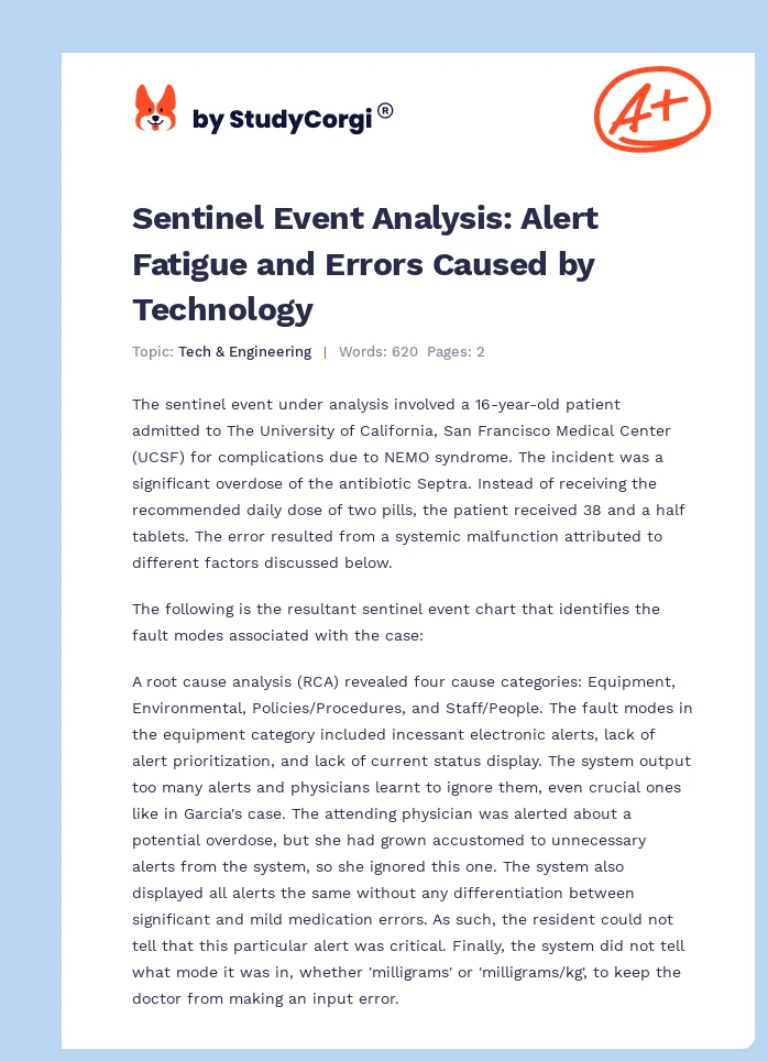Sentinel Event Analysis: Alert Fatigue and Errors Caused by Technology. Page 1