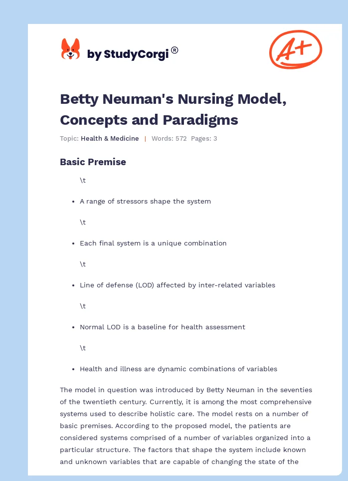 Betty Neuman's Nursing Model, Concepts and Paradigms. Page 1