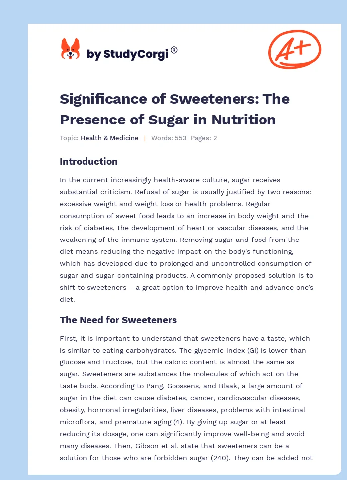 Significance of Sweeteners: The Presence of Sugar in Nutrition. Page 1