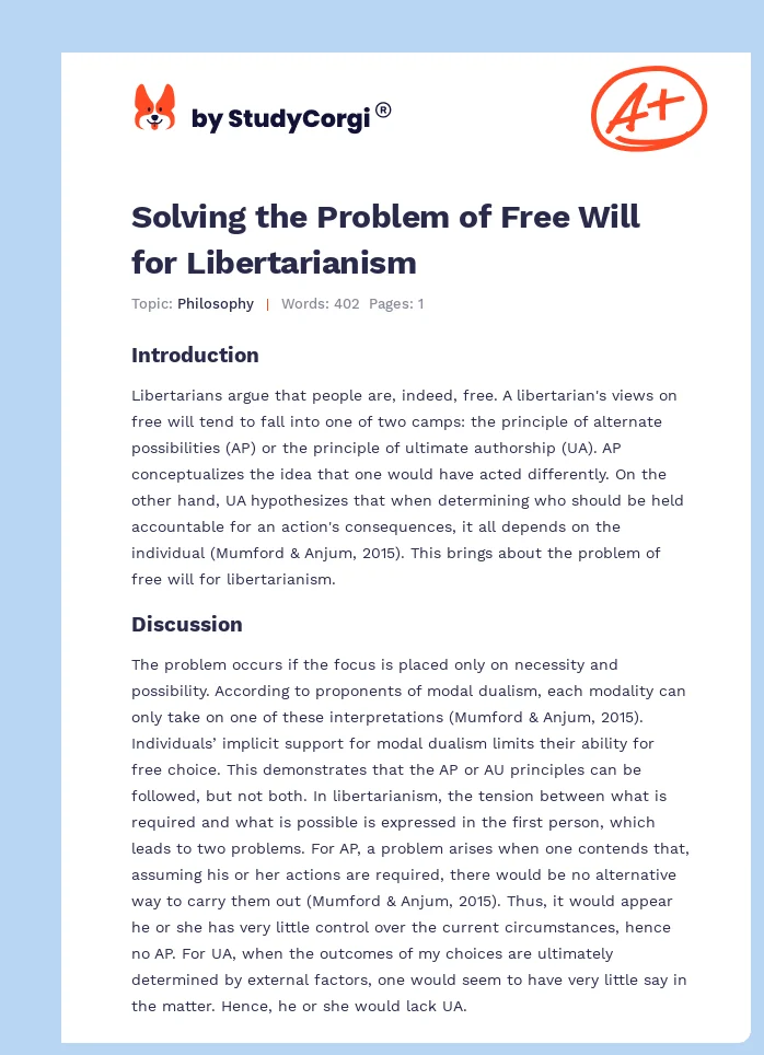 Solving the Problem of Free Will for Libertarianism. Page 1