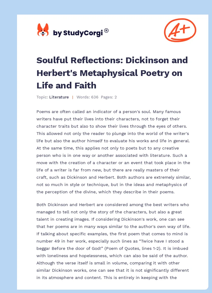 Soulful Reflections: Dickinson and Herbert's Metaphysical Poetry on Life and Faith. Page 1