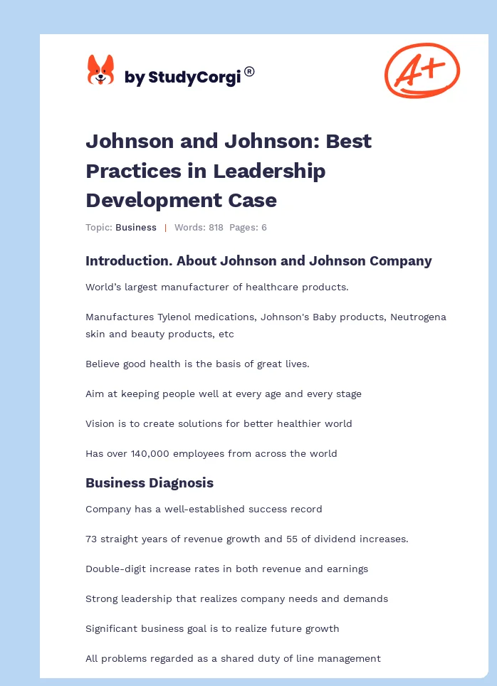 Johnson and Johnson: Best Practices in Leadership Development Case. Page 1