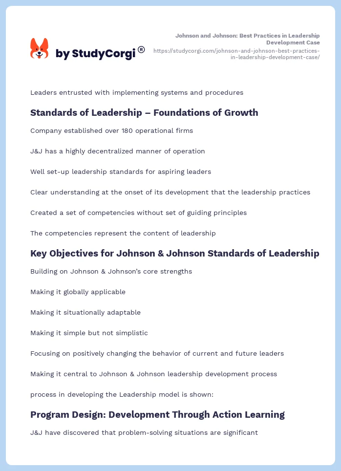 Johnson and Johnson: Best Practices in Leadership Development Case. Page 2