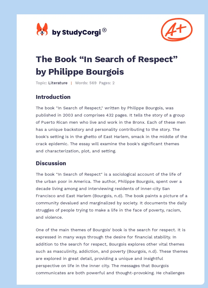 The Book “In Search of Respect” by Philippe Bourgois. Page 1