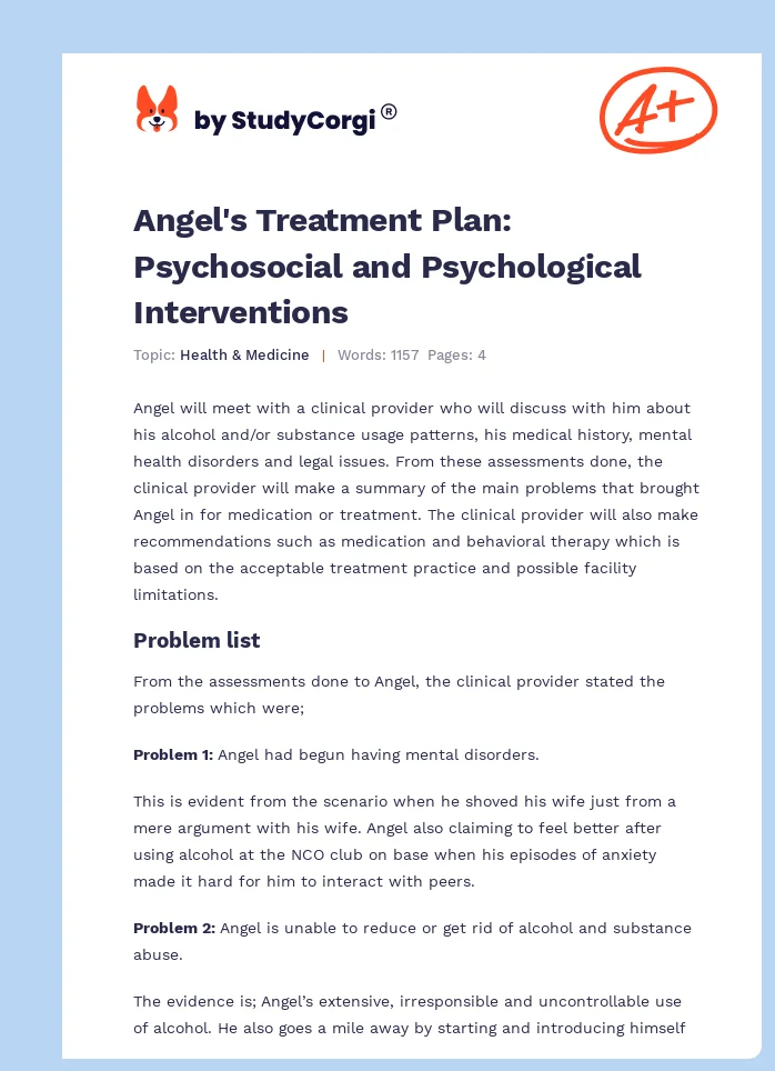 Angel's Treatment Plan: Psychosocial and Psychological Interventions. Page 1