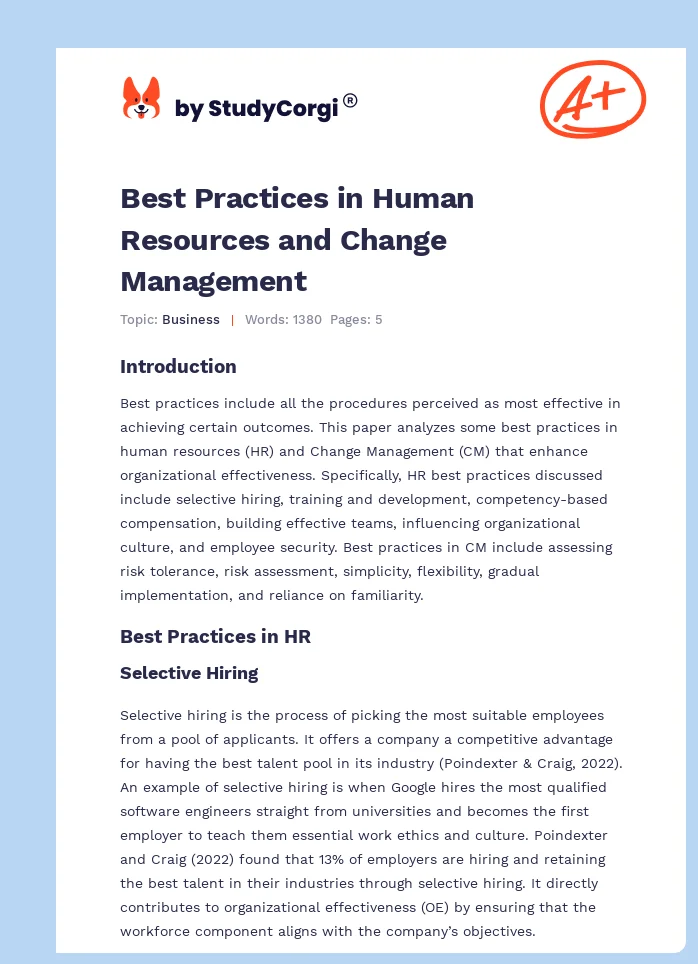Best Practices in Human Resources and Change Management. Page 1