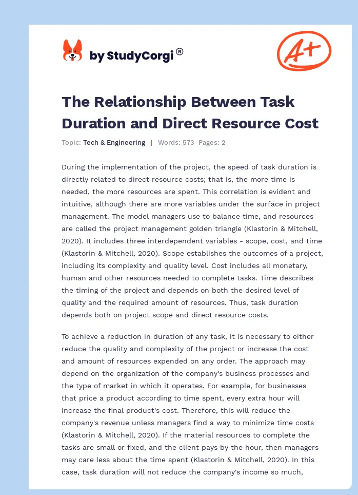 The Relationship Between Task Duration and Direct Resource Cost. Page 1