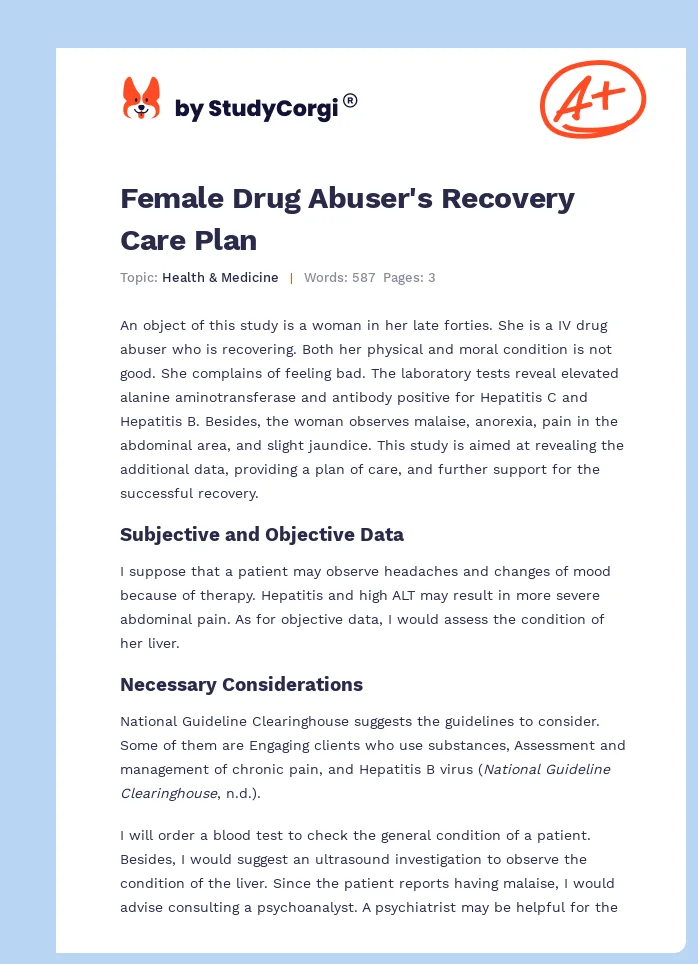 Female Drug Abuser's Recovery Care Plan. Page 1