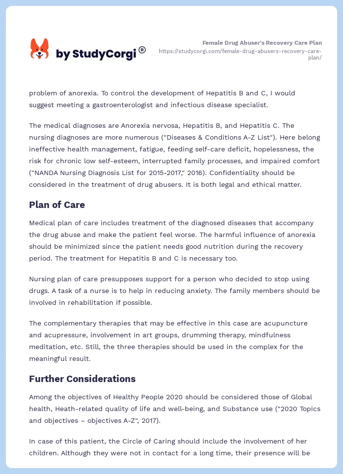 Female Drug Abuser's Recovery Care Plan. Page 2