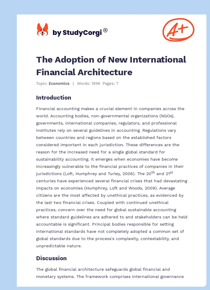 The Adoption of New International Financial Architecture. Page 1
