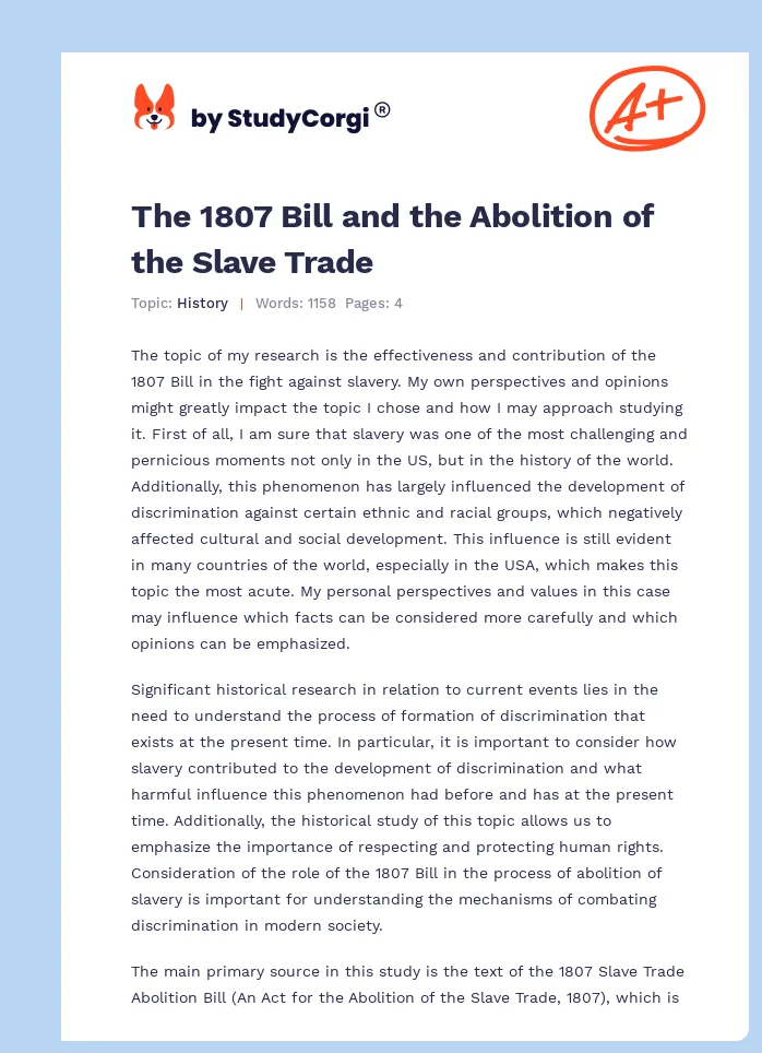 The 1807 Bill and the Abolition of the Slave Trade. Page 1