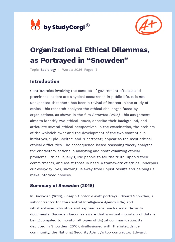 Organizational Ethical Dilemmas, as Portrayed in “Snowden”. Page 1