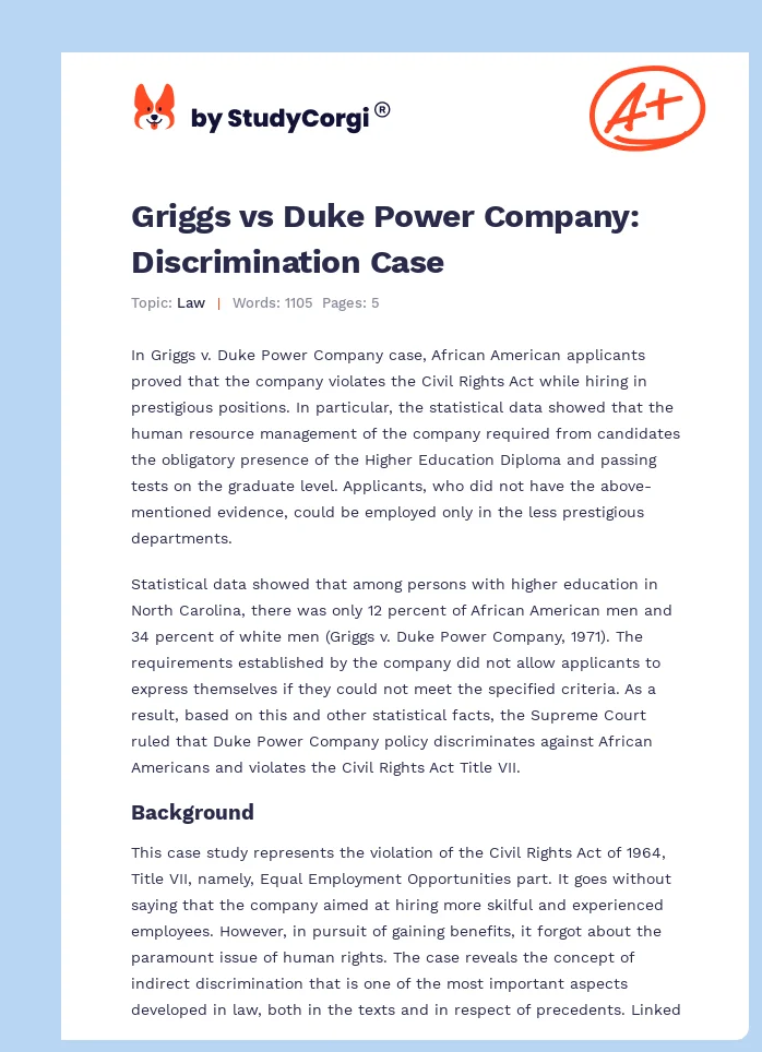 Griggs vs Duke Power Company: Discrimination Case. Page 1