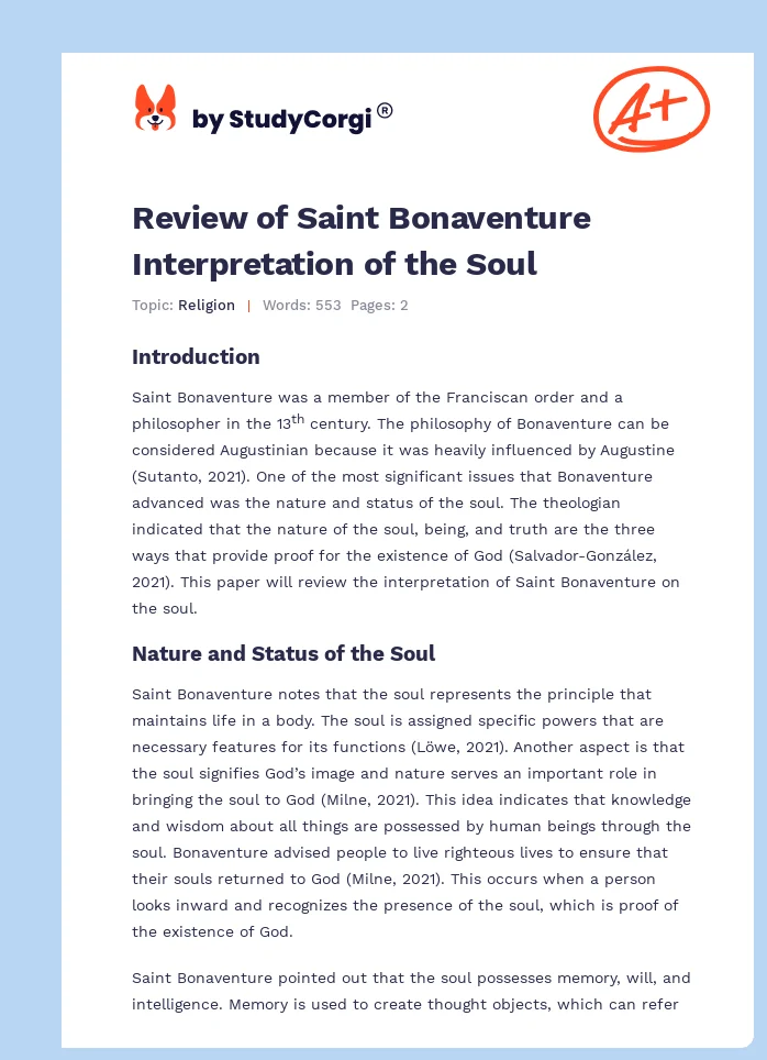 Review of Saint Bonaventure Interpretation of the Soul. Page 1