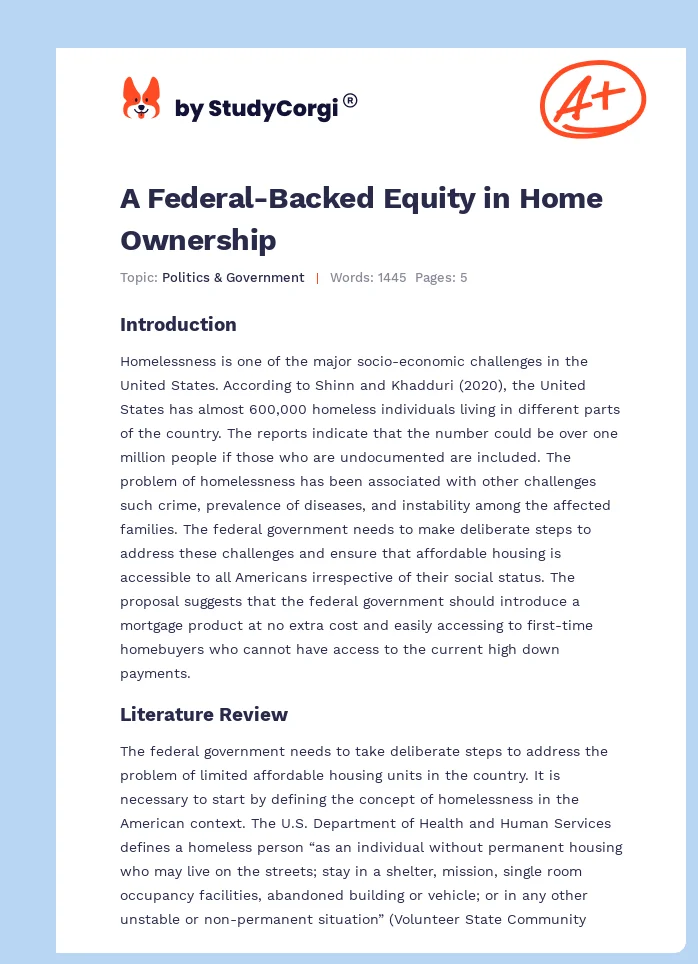 A Federal-Backed Equity in Home Ownership. Page 1