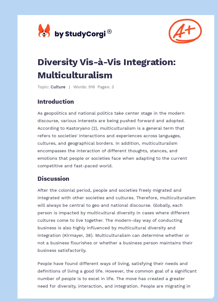 Diversity Vis-à-Vis Integration: Multiculturalism. Page 1