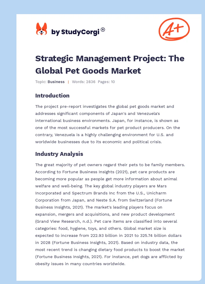Strategic Management Project: The Global Pet Goods Market. Page 1