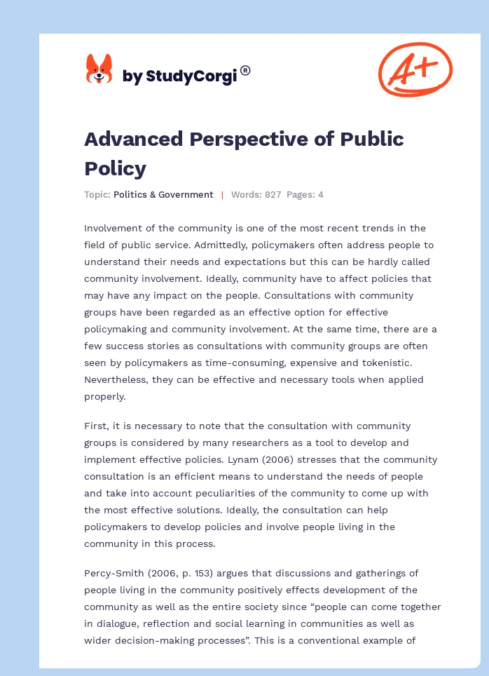 Advanced Perspective of Public Policy. Page 1
